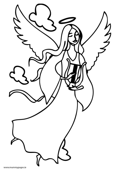 Christmas angel with harp Colouring Page | MummyPages.MummyPages.ie