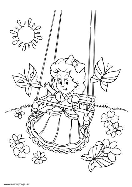 Little girl playing on swing Colouring Page | MummyPages.MummyPages.ie