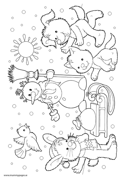 Download Animals playing in snow Colouring Page | MummyPages ...